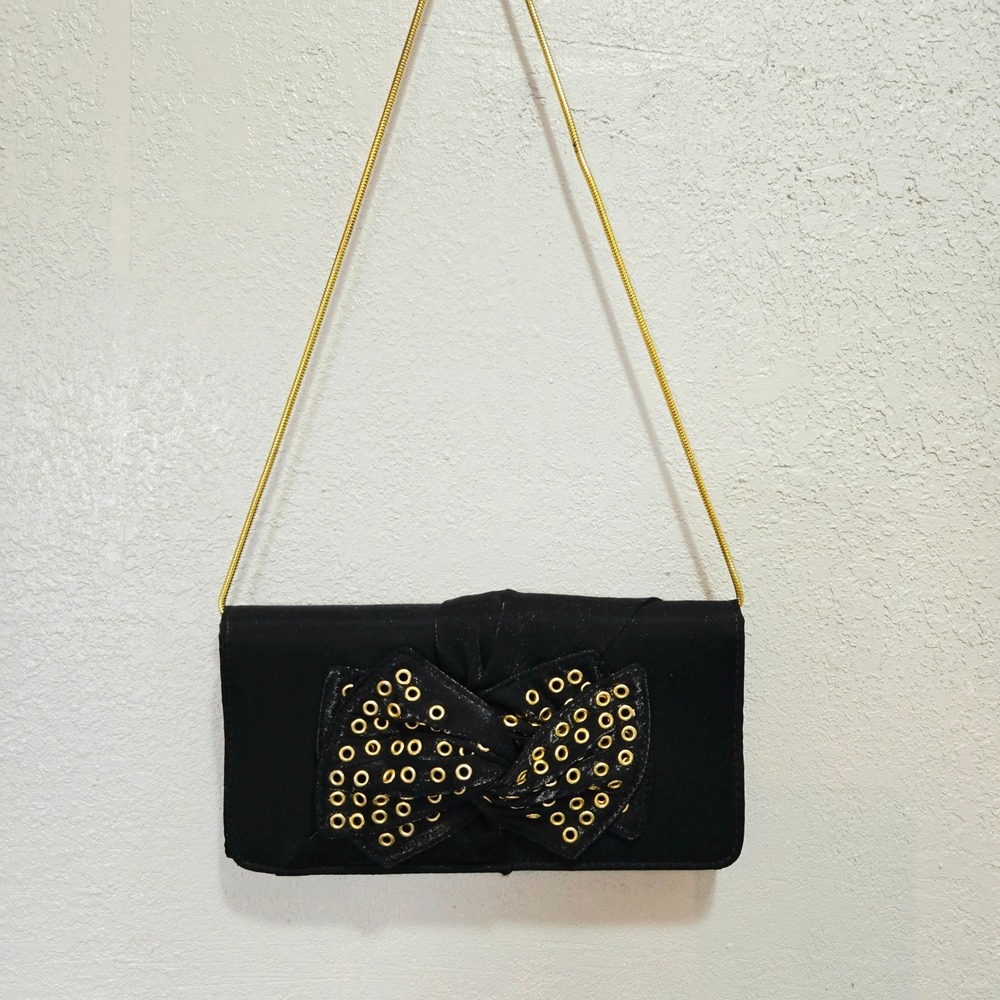 Nina Bow Grommet Evening Clutch Black Gold Glam Cocktail Party Bag OS